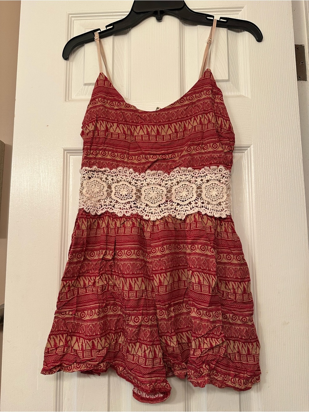 Women’s Red Patterned Mini Dress with Cream Crochet Waist
